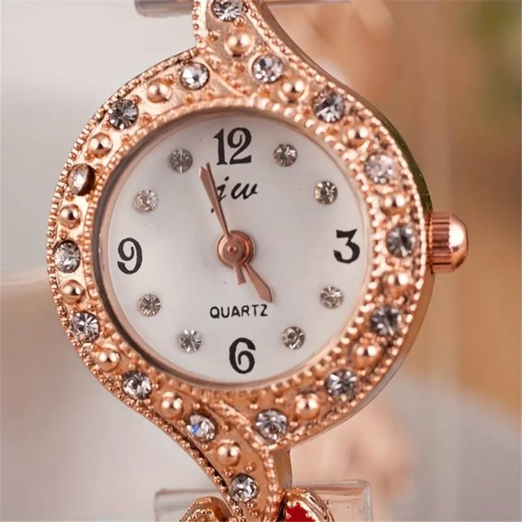 Beautiful Sparkling Ladies Rose Gold Watch with Heart Design Band Stones Bling